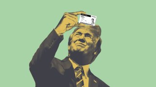 A photo illustration of Donald Trump inspecting a drivers license
