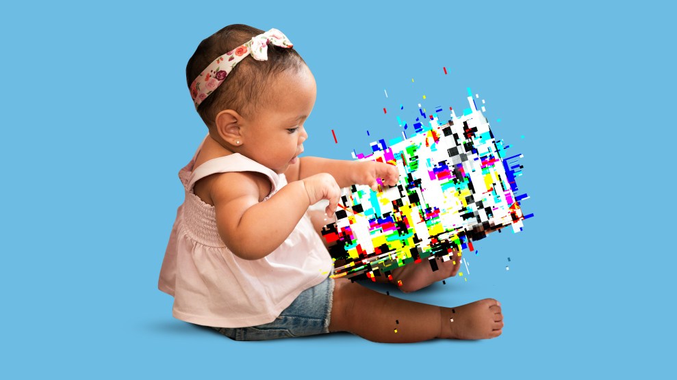 A baby girl sits playing with a book made of glitching pixels.