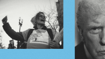 A photo pairing on a blue background that shows: a black-and-white image of an elderly woman wearing a shirt that reads in part "We Refuse to Accept a FASCIST AMERICA!"; to the right of that image is a tightly cropped black-and-white photo of the right side of Donald Trump's face, as he appears to be looking in the direction of the woman.