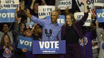 Photo of former president Barack Obama and New Jersey governor candidate Mikie Sherrill at a campaign rally