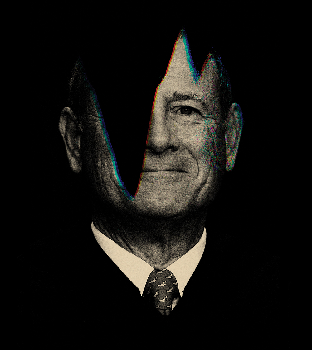 A black-and-white portrait of Chief Justice John Roberts, with the left side of his face obscured by darkness.