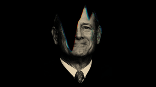A black-and-white portrait of Chief Justice John Roberts, with the left side of his face obscured by darkness.