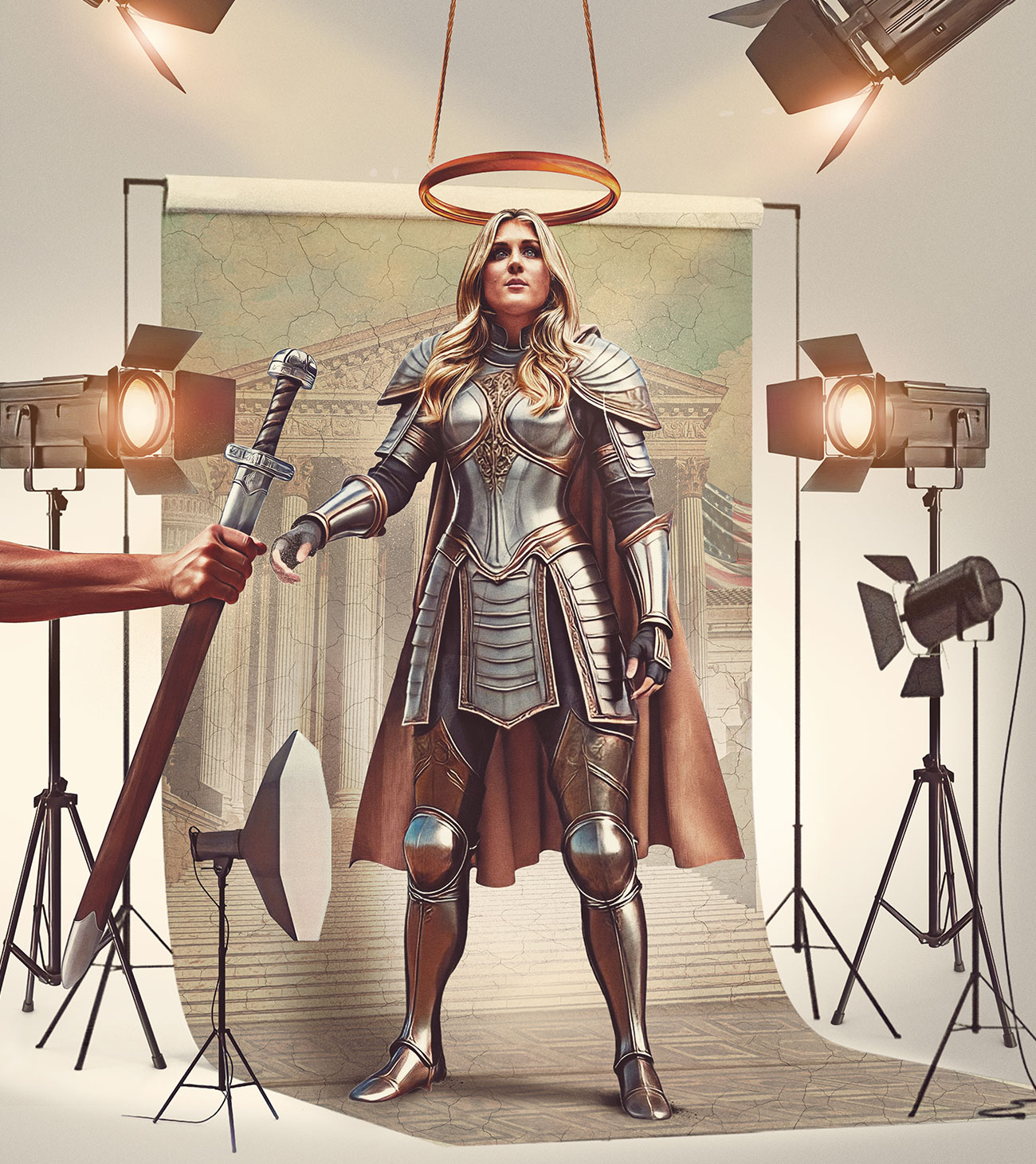 In an illustration, a blond woman in medieval-style armor and a brown cape stands on a photo set surrounded by studio lights and equipment, with a backdrop of the Supreme Court building behind her. A prop golden halo hangs above her head, and an outstretched arm offers her a large sword.