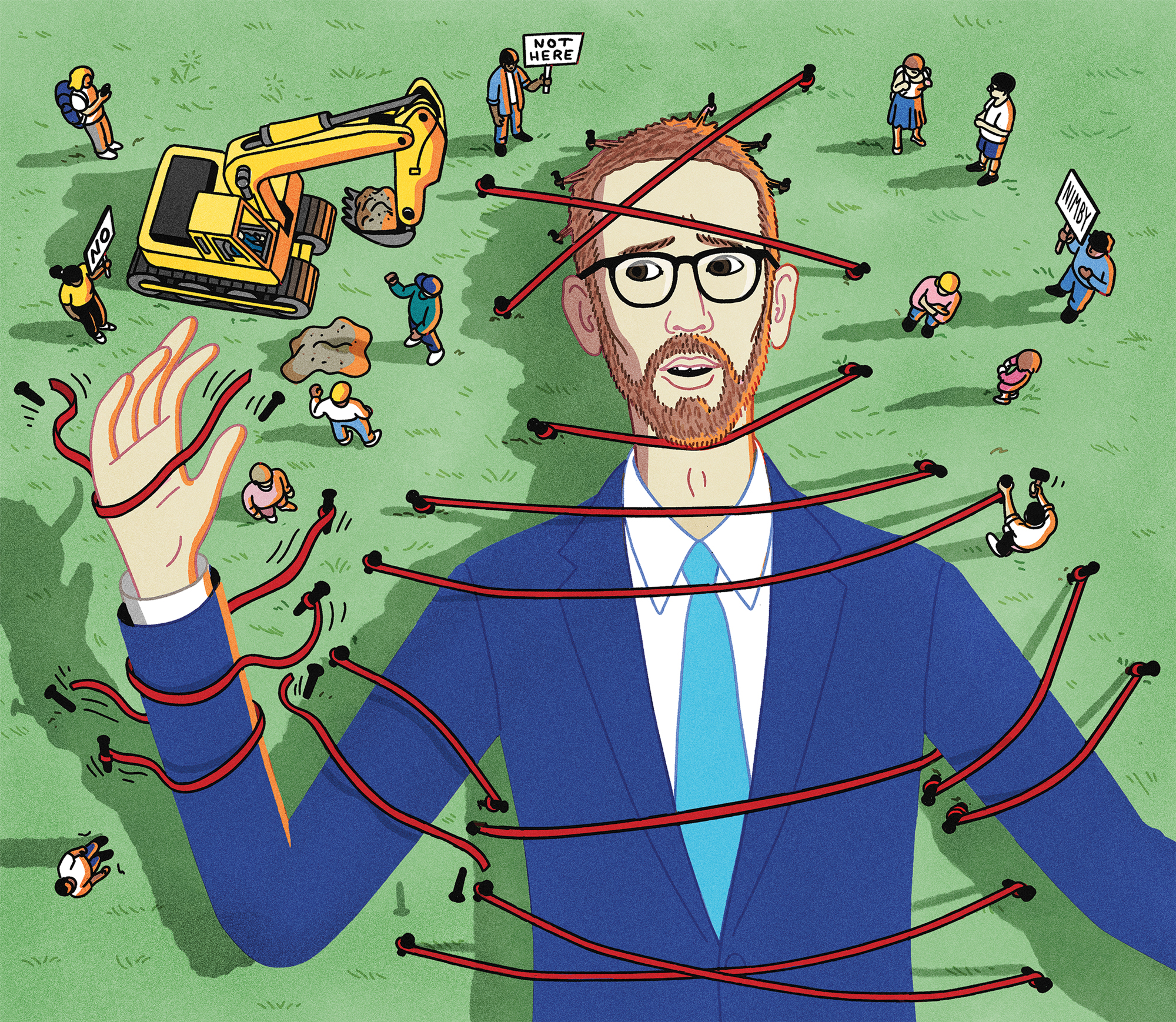A humorous cartoon illustration of a large, middle-aged bearded man in a suit and glasses lying on his back. Tied down with about 15 ribbons of red tape, he appears to be lifting his right hand, breaking himself free. He's surrounded by a backhoe and about a dozen small people, who are evocative of the Lilliputians of "Gulliver's Travels" by Jonathan Swift. A few of them hold signs in protest, which read, "No." "Not Here." And, "NIMBY."