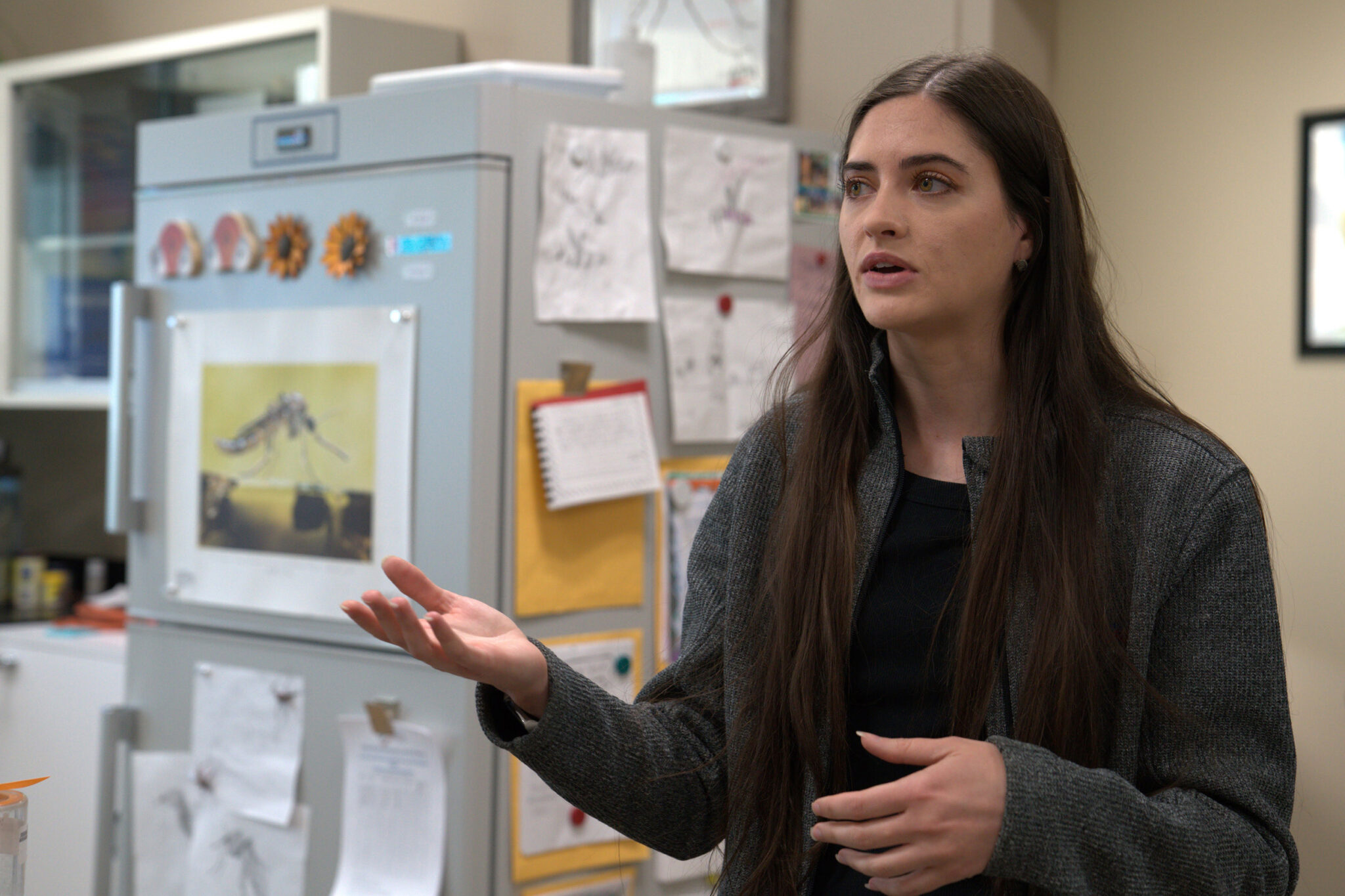 A scientist with long brown hair speaks in her lab.