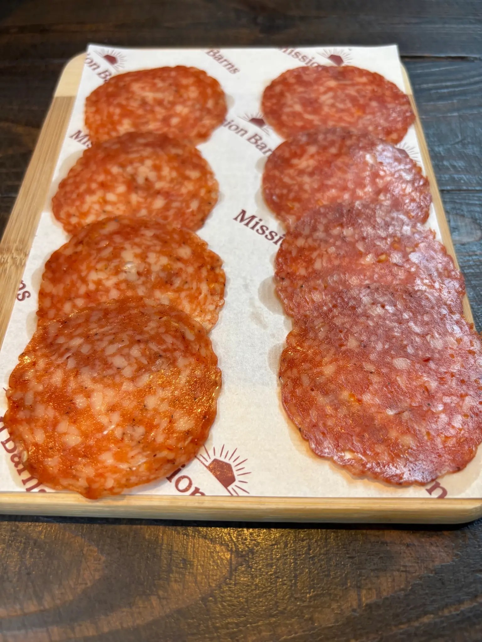 Salami slices on a cutting board