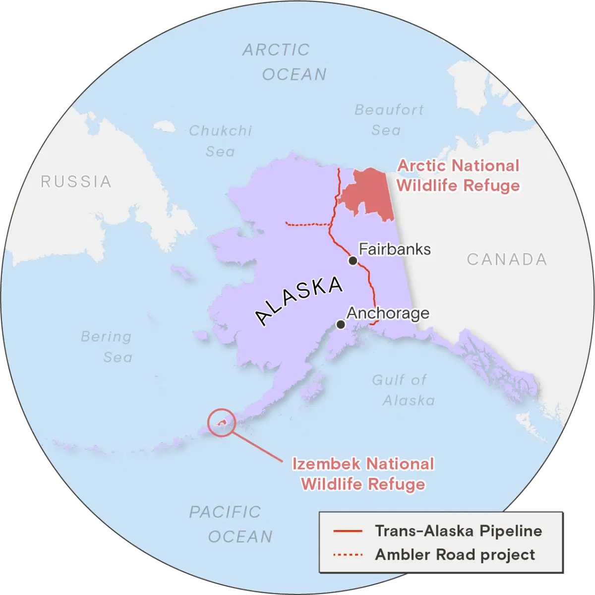 A map of Alaska depicting the trans-alaska pipeline and the amber road project in relation to Arctic National Refuge.