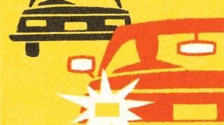 An illustration of a black car and an orange car on a yellow background
