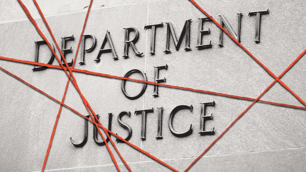 Exterior of the Department of Justice building; layered on top are red strings referencing a conspiracy board.