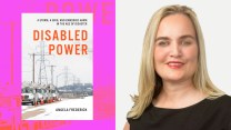 Photo collage featuring the cover of "DISABLED POWER" over a decorative pattern on the left and a portrait of the author, Angela Frederick, on the right.