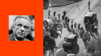 A split-screen composite showing a black-and-white portrait of Robert F. Kennedy Jr. alongside a black-and-white aerial photo of students walking with their arms raised during a police response at a school.