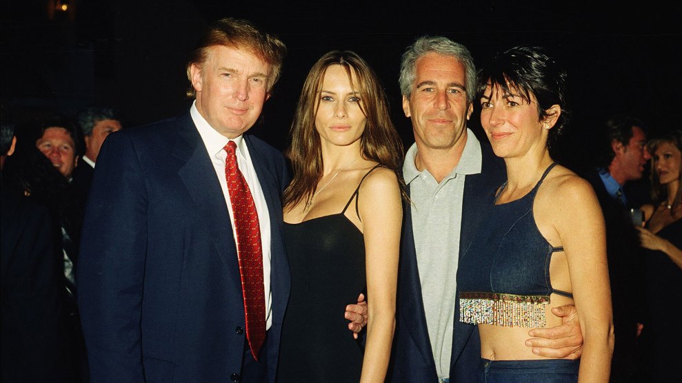 Four people standing, facing the front. Left to right: Donald Trump, Melania Knauss, Jeffrey Epstein, and Ghislaine Maxwell.