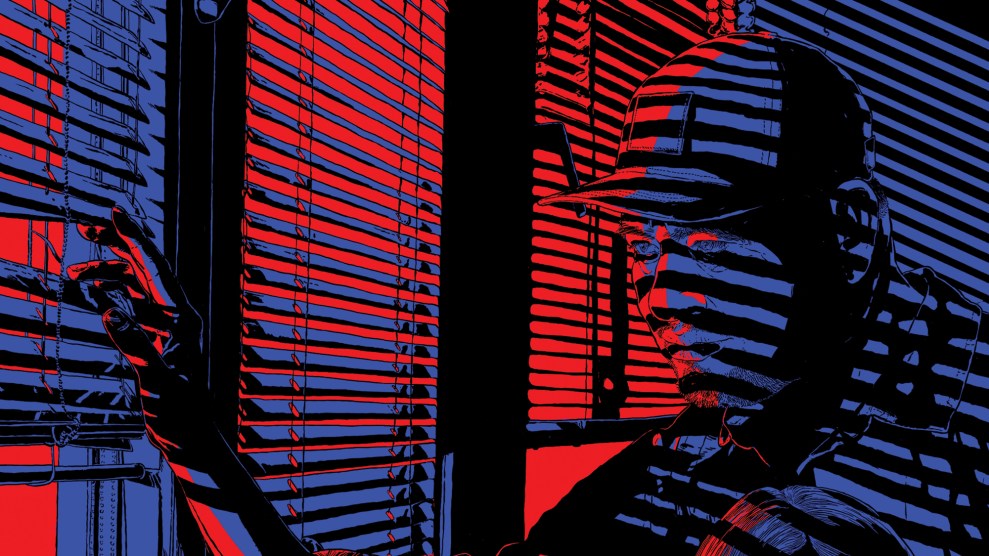 A graphic-novel style illustration of a man in a baseball cap using his right hand to peek through closed blinds. The man, colored in dark blue and black, views a scene bathed in red.