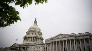 View looking up at US Capitol building.