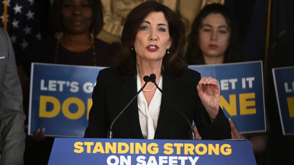 Governor Kathy Hochul joins domestic violence service providers to discuss New York's discovery laws at the Office of the Governor on April 14, 2025 in New York City.