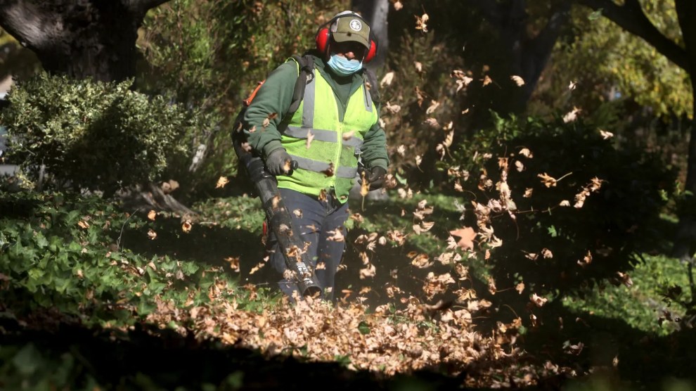 A person wearing a neon vest uses a leaf blower to move leaves.
