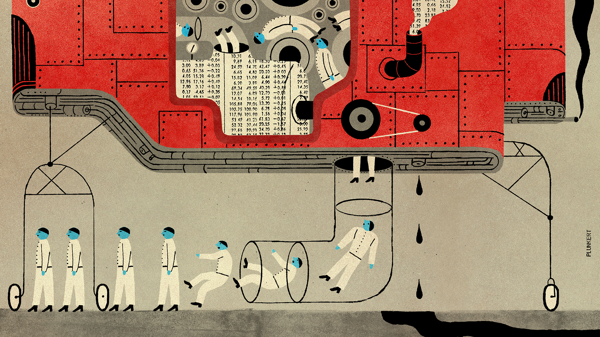 An illustration shows blue-faced men being sucked into a large processing machine. The machine contains columns of numbers, suggesting data or calculations.