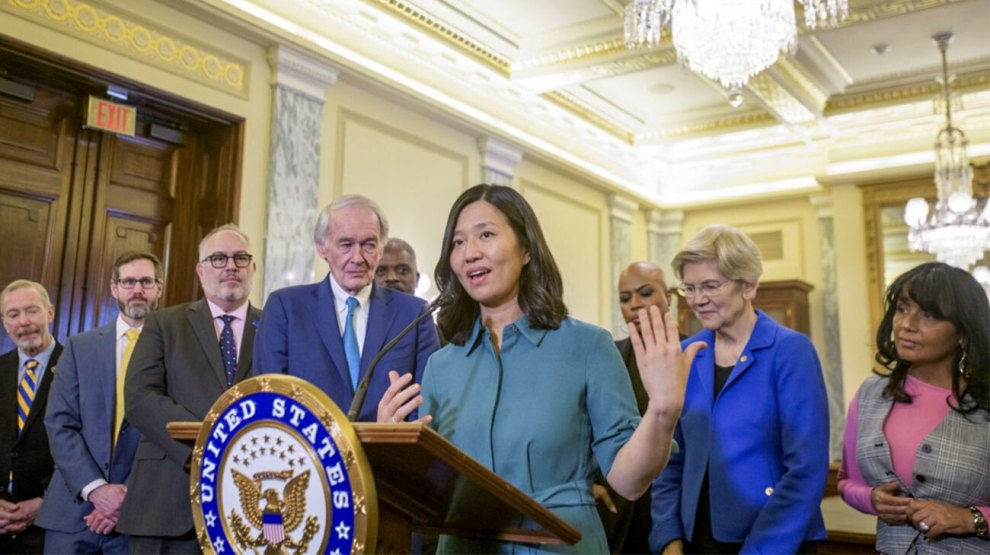 Boston Mayor Michelle Wu speaks during a Massachusetts Congressional Delegation press conference.