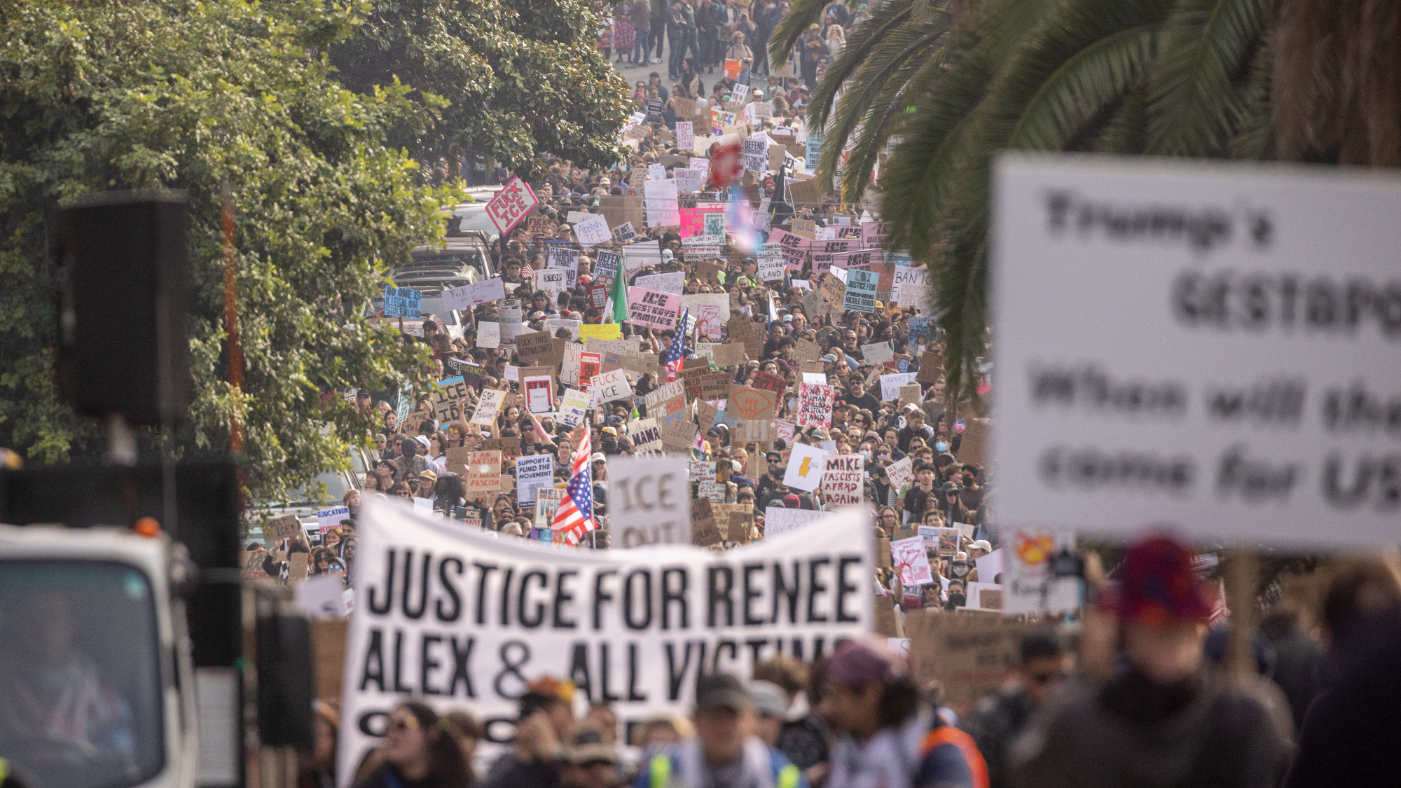 Protesters march on Dolores Street during a nationwide shutdown effort in protest against the ongoing federal immigration raids and unrest in Minneapolis, in San Francisco, Friday, Jan. 30, 2026. 