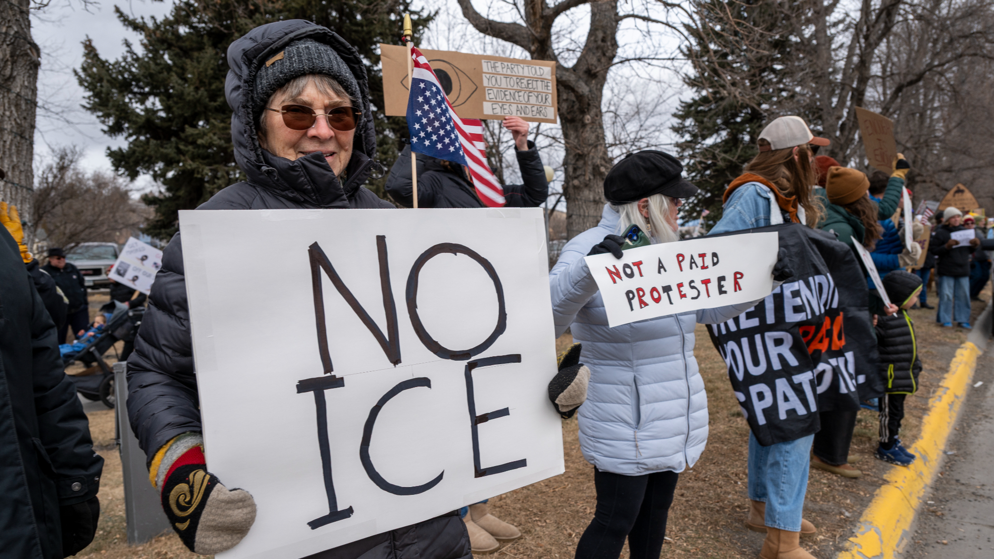 Residents and students take part in the "National Shutdown" protest against ICE on January 30, 2026 in Livingston, Montana. 