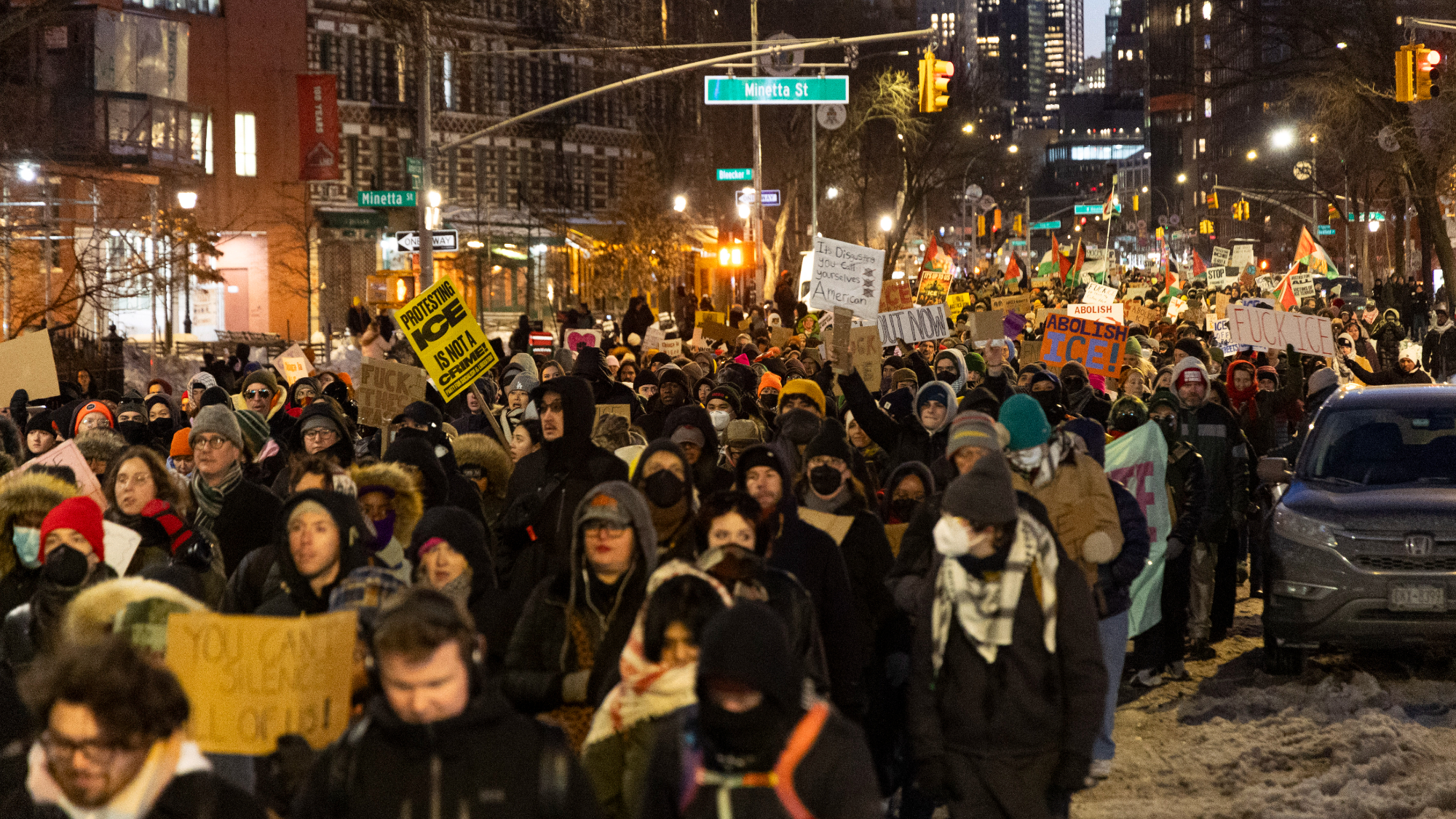 Demonstrators march in New York City, United States, on January 30, 2026. 