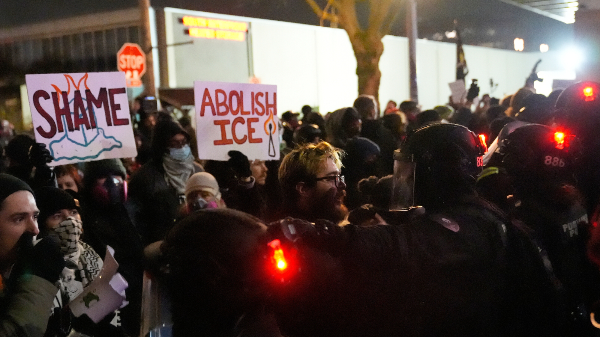 Protesters standoff against law enforcement outside the U.S. Immigration and Customs Enforcement facility on Thursday, Jan. 8, 2026, in Portland, Ore.