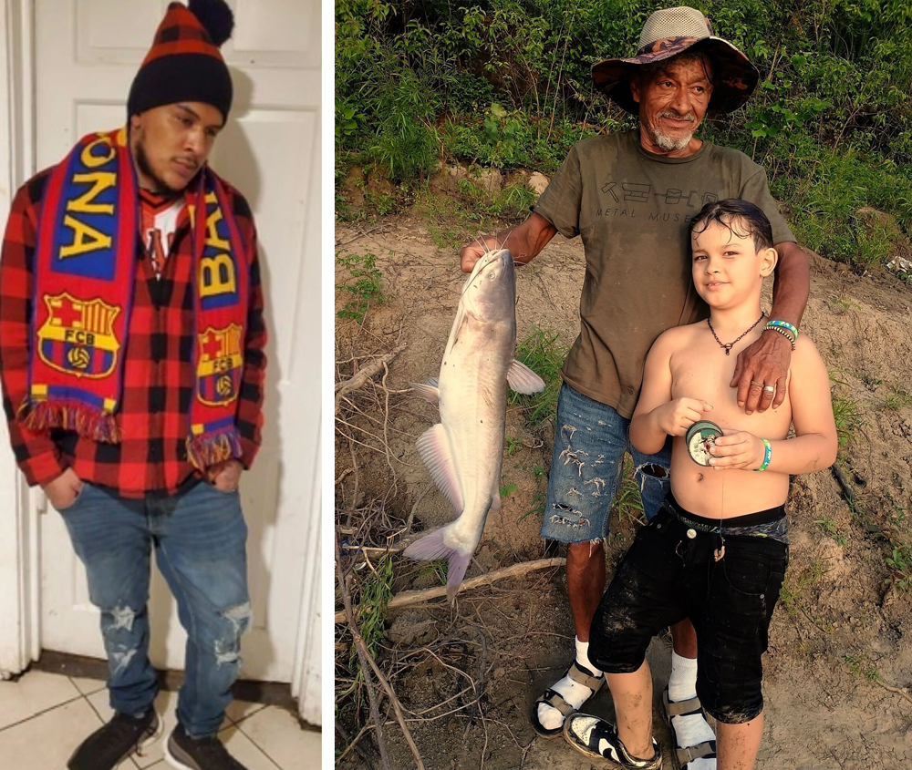 A diptych of two color photos. On the left is a photo of a young man with facial hair wearing fashionably torn jeans, a black-and-red plaid flannel shirt and a Barcelona FC scarf around his neck. On the right is photo of an elderly man with a white mustache and beard, wearing a beige t-shirt, shorts and a wide-brimmed hat. In his right hand, he holds a sizable fish, his left hand is around the shoulders of a young boy who appears to have gone fishing with him.