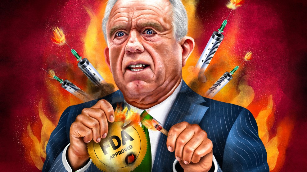 An illustration of Robert F. Kennedy Jr. burning a yellow label emblazoned with the words, “FDA approved.”