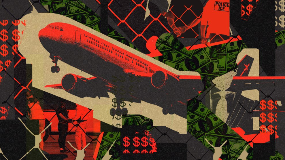 Vibrant collage featuring a large airplane, chained link fence texture, migrants being shackled, men in business suits, and $100 dollar bills.