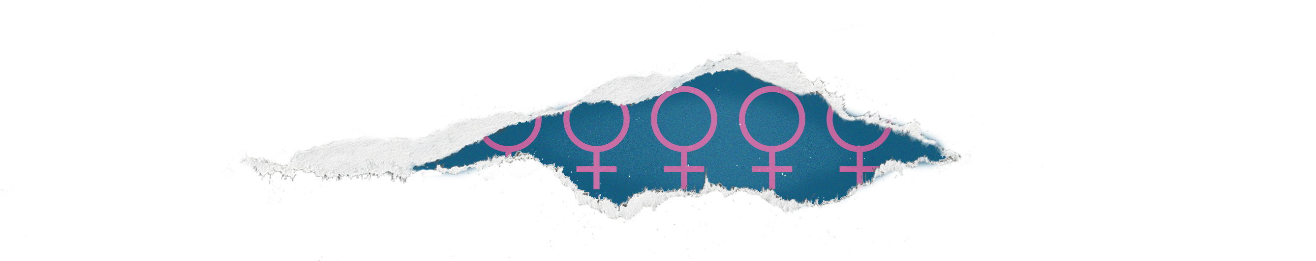 A ripped hole revealing the sign for female in pink repeated over and over on a blue background.