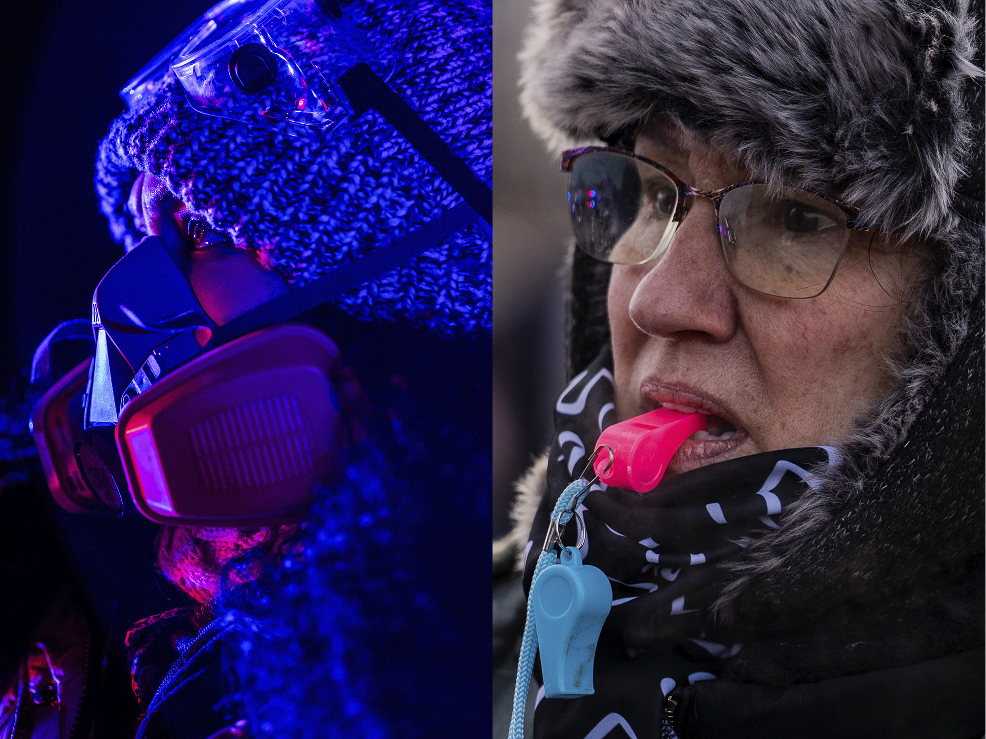 Two close-up images of protesters faces.
