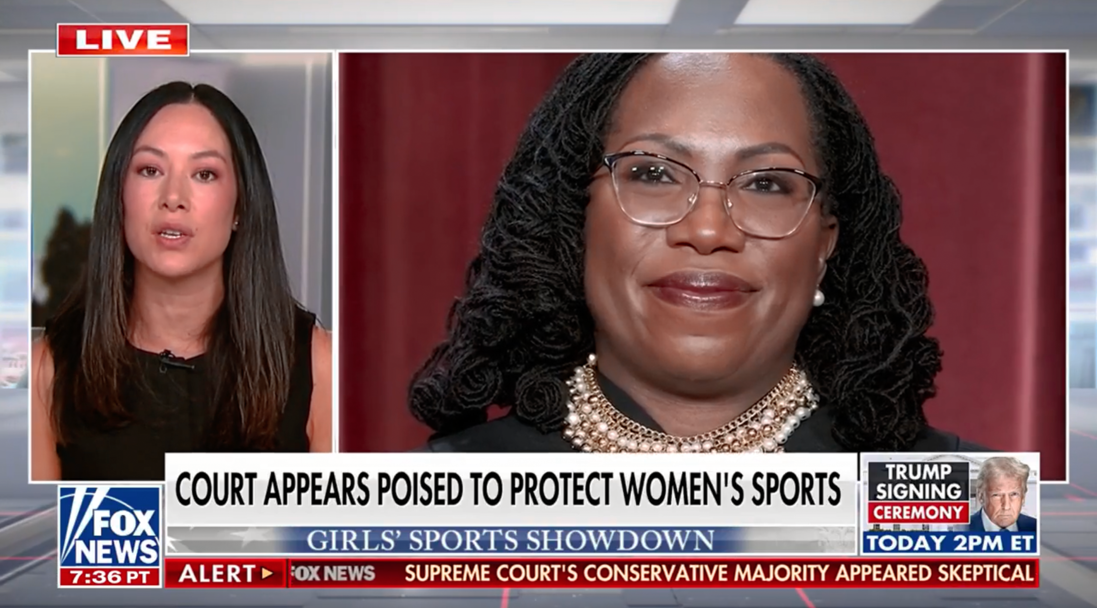 A screenshot of a Fox News TV segment. On one side is May Mailman, a middle-aged woman with long brown hair. On the right is Justice Ketanji Brown Jackson, a middle-aged African American woman with long, curly black hair. Below the women is the chyron that reads, "Court Appears Poised to Protect Women's Sports."