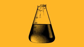 Stippled black-and-white illustration of a laboratory Erlenmeyer flask against a solid orange background. The top of the flask is jagged and shattered, with cracks extending down the glass neck. The flask is approximately half-filled with a dark liquid, and faint measurement markings for 200, 250, and 300 are visible on the side.