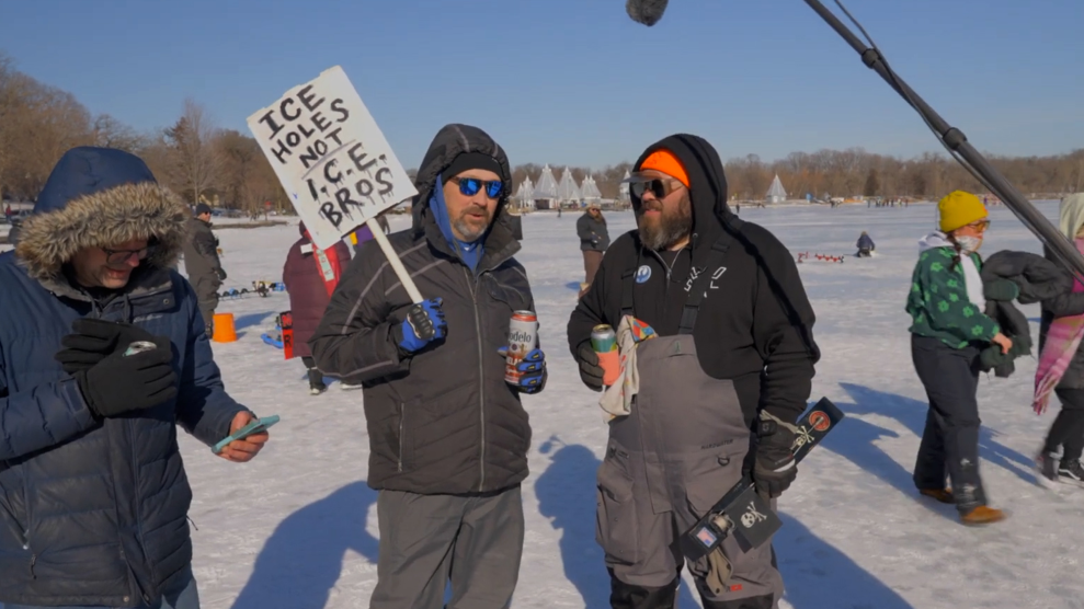 Fishing influencer Nate P. interviews a community member about ICE.