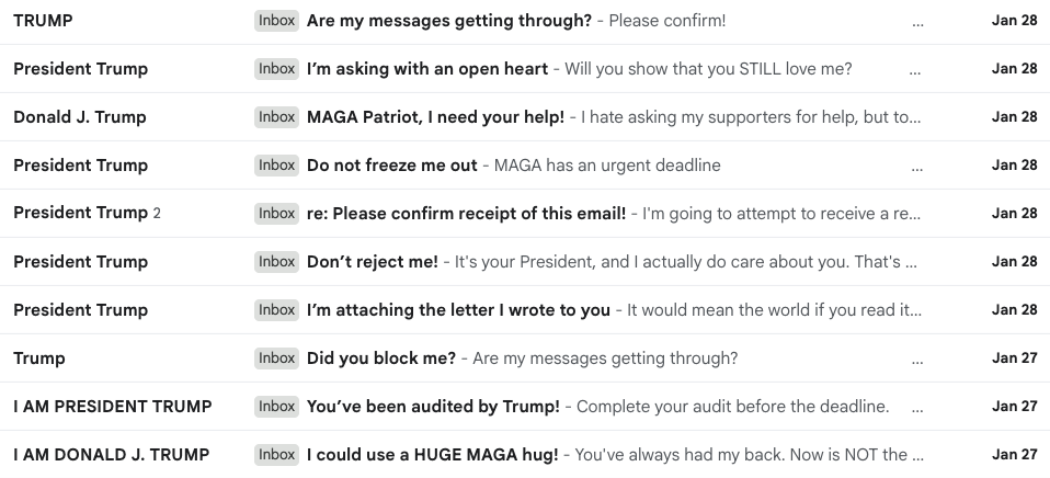A screenshot of an email inbox with 10 fundraising emails from Donald Trump