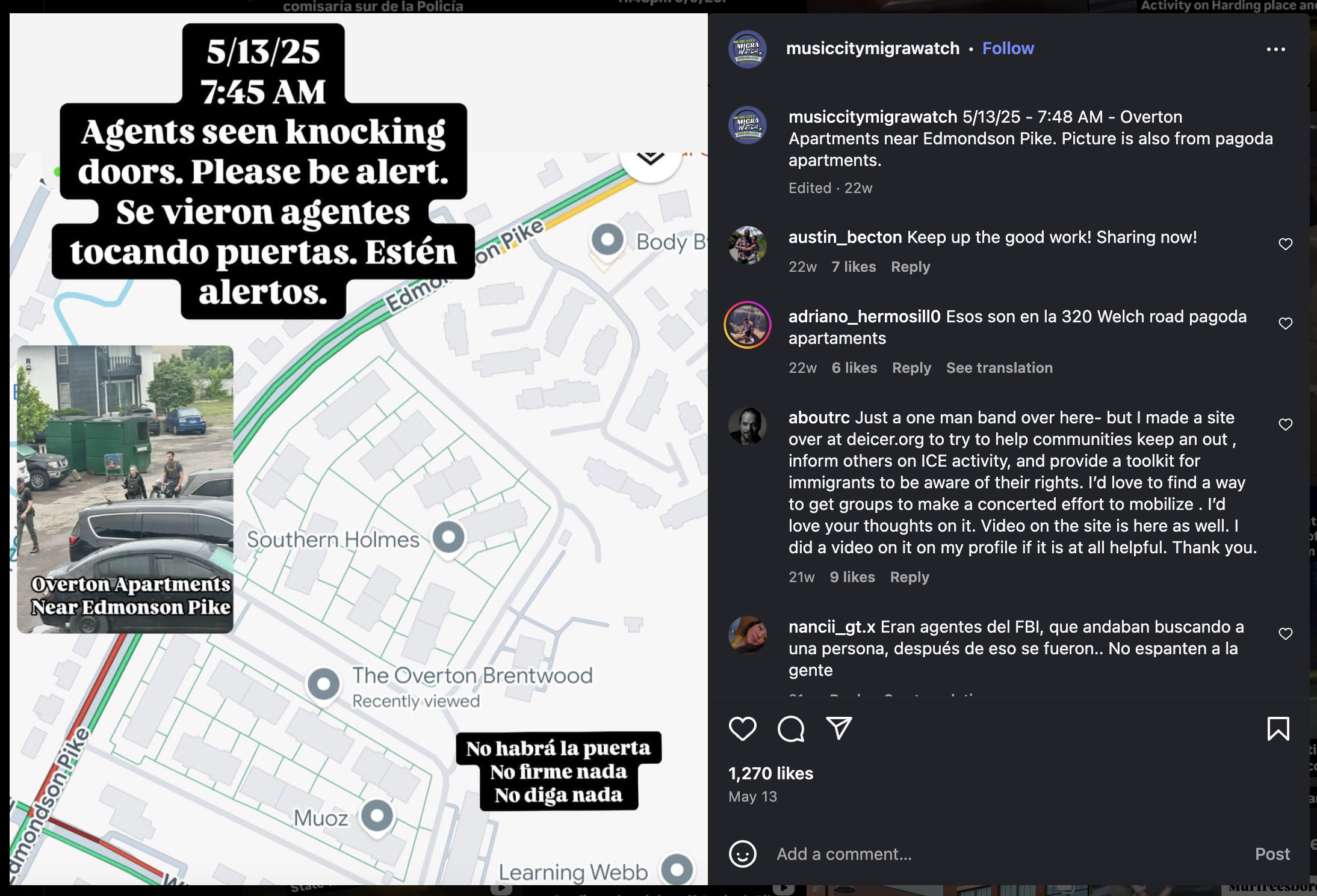 Social media post tracking ICE sightings and locations in Nashville.