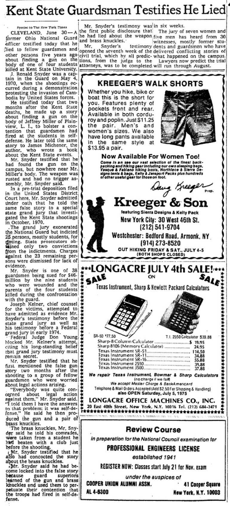 New York Times clipping with headline "Kent State Guardsman Testifies He Lied."