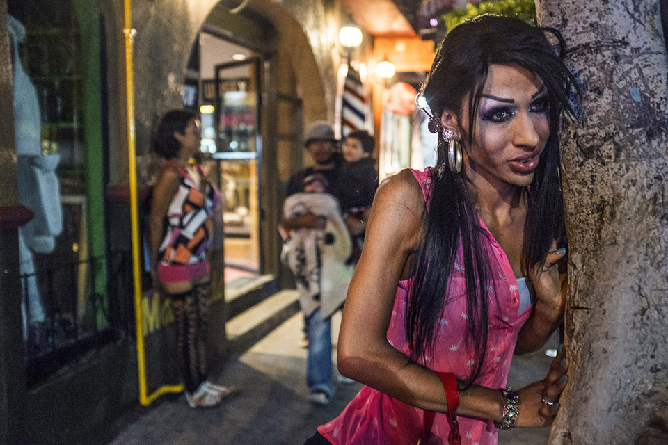 Transgender sex worker Fernanda Sánchez waits for clients at night on a str...