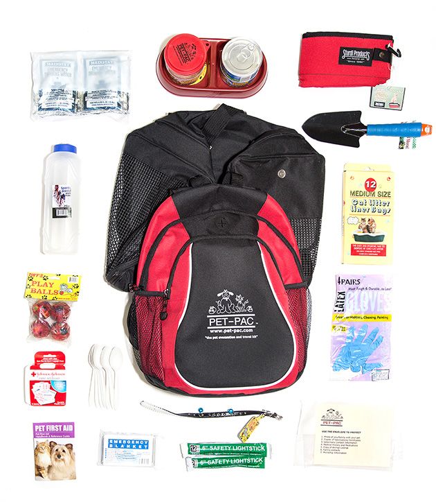 The Pet Pac for a cat retails for $90.00 and contains, food, bowls, water, a collar with bells, a portable litter box, a trowel, a pet first aid kit, and toys.