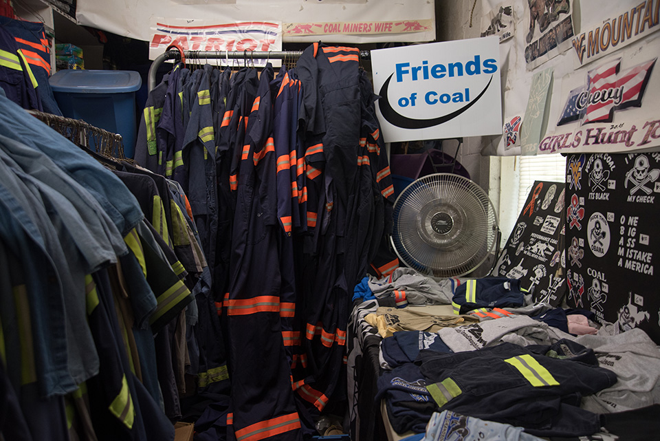 A store in Racine, West Virginia, in Boone county, sells reflective clothing for miners along with t-shirts, flags and items.