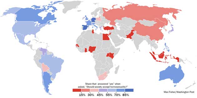 Levels of gay tolerance in 39 countries