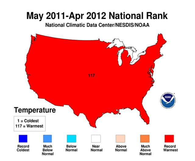 Average national temperature records May 2011 to April 2012: NOAA/NCDC