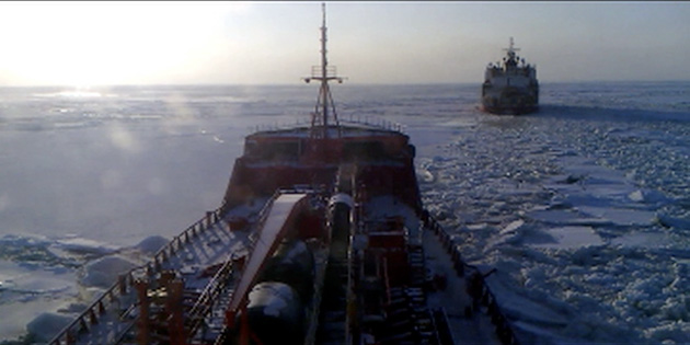 The Russian tanker Renda steaming in the wake of USCGC Healy in the Bering Sea.  Image courtesy of the United States Coast Guard