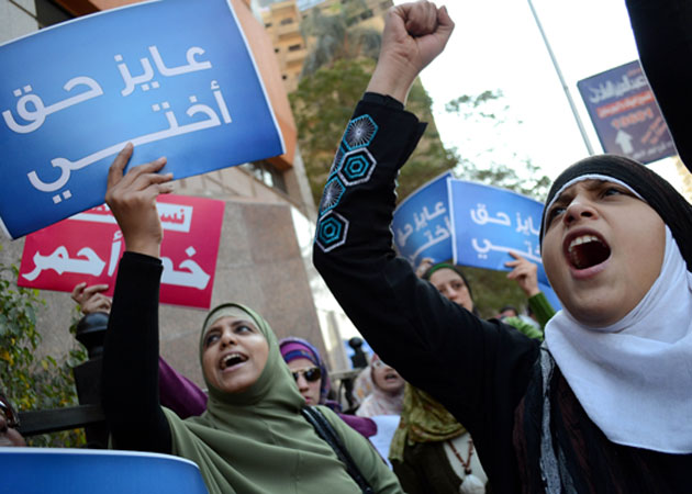 Egyptian women protest the ruling military council's "virginity tests" in December 2011.  Ayman Mose/ZUMA Press