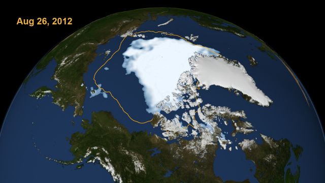 Arctic sea ice on Aug. 26, 2012, the day the sea ice dipped to its smallest extent ever recorded in more than three decades of satellite measurements: Scientific Visualization Studio, NASA Goddard Space Flight Center